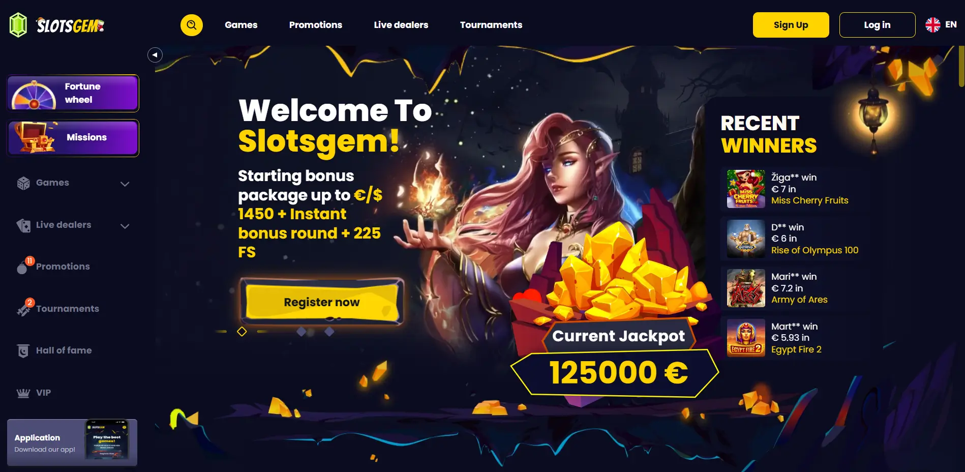Baner strony głównej kasyna Slotsgem z bonusem i jackpotem